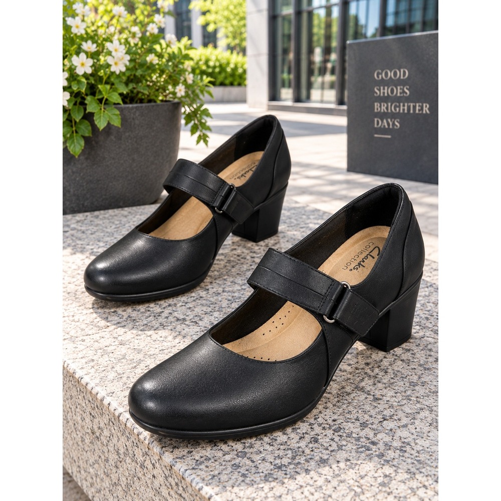 Clarks Emslie Lulin Mary Jane Pumps Womens 9W Black Leather Block Heel Shoes